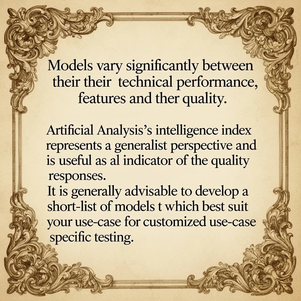 On a flat layout, write in an ornate baroque style "Models vary significantly between their technical performance, features and their quality. Artificial Analysis's intelligence index represents a generalist perspective and is useful as an indicator of the quality of responses. It is generally advisable to develop a short-list of models which best suit your use-case for customized use-case specific testing. "