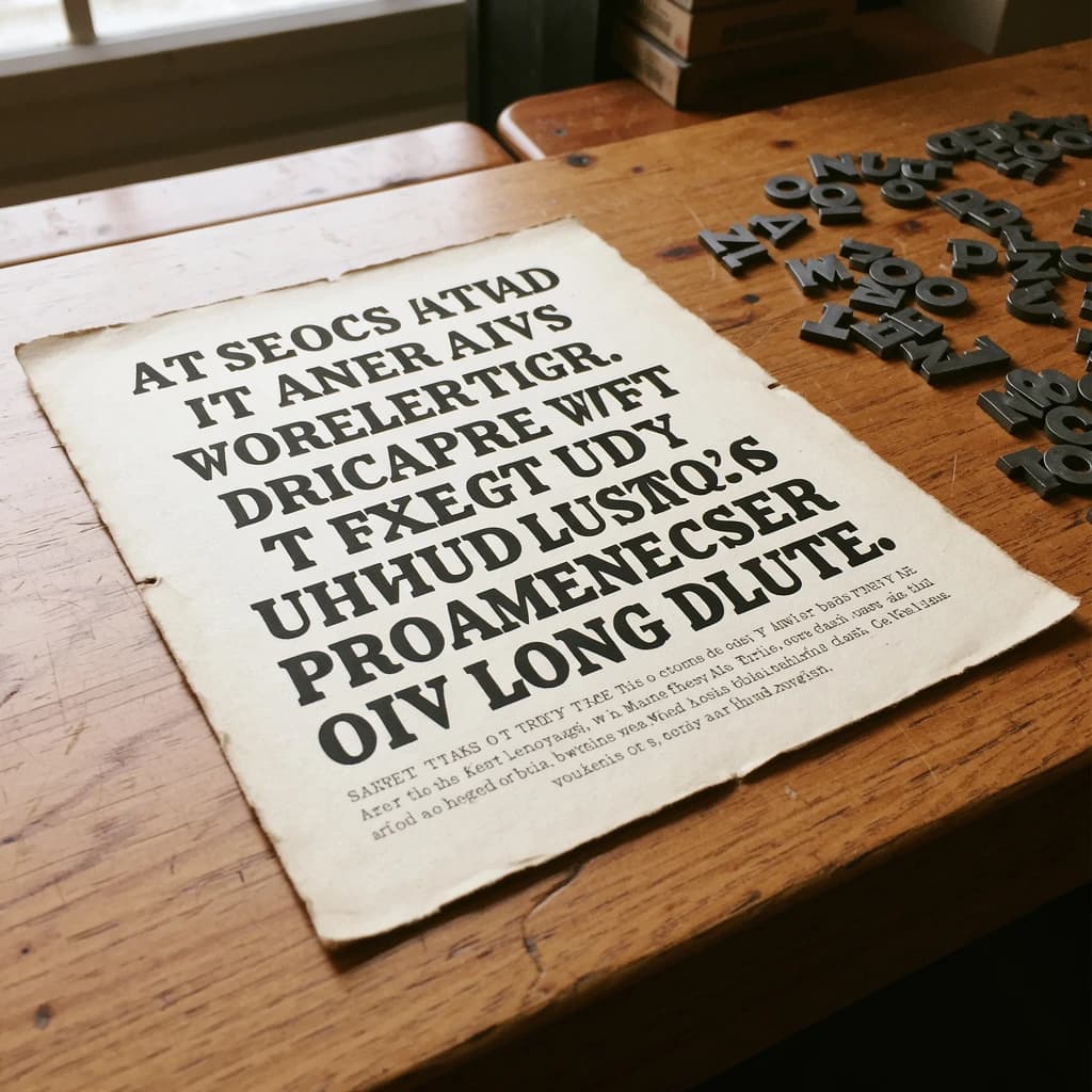 A vintage letterpress poster on a wooden desk: bold slab serif headline, tight kerning, misregistered ink, slightly worn edges, scattered metal type, soft window light.