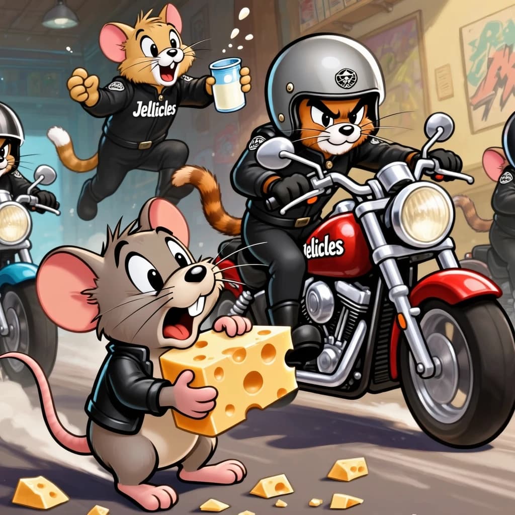 The cartoon rat clenches his thin wedge of cheese and trembles in fear as he hides from the menacing Jellicles, the roaming cat motorcycle gang, all wearing their colors with the name on the back. The cats have all drunk far too much milk and are causing a big ruckus! One cat is close to finding the rat