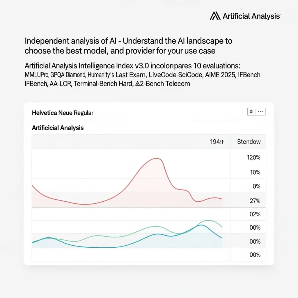 On a white dashboard with thin gray dividers, place a centered header in Helvetica Neue Bold, 20pt: “Independent analysis of AI - Understand the AI landscape to choose the best model and provider for your use case.” Directly beneath, a subheader in smaller Regular weight, 14pt: “Artificial Analysis Intelligence Index v3.0 incorporates 10 evaluations: MMLU-Pro, GPQA Diamond, Humanity's Last Exam, LiveCodeBench, SciCode, AIME 2025, IFBench, AA-LCR, Terminal-Bench Hard, 𝜏²-Bench Telecom.” The header is fully justified but the subheader is left-aligned. In the upper right corner, the Artificial Analysis logo appears watermarked, diagonal, faint gray, partially overlapping the scrollbar.
