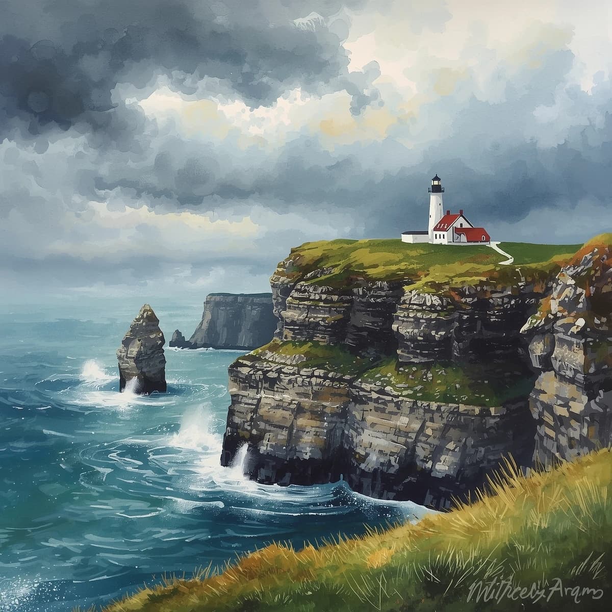 Please paint a watercolor of stormy cliffs and a lighthouse, moody sky.
