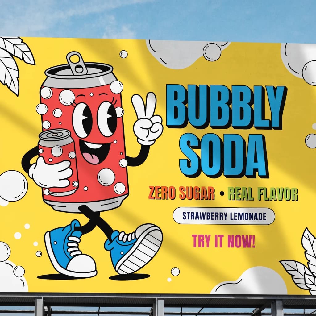 Design a bright soda billboard ad with a bubbly can mascot, thick inky lines.