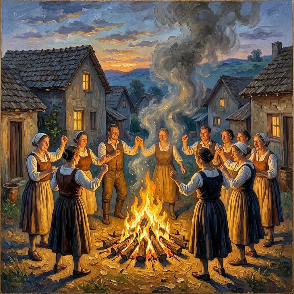 Make an oil painting of villagers dancing by a bonfire at dusk, a bit smoky.