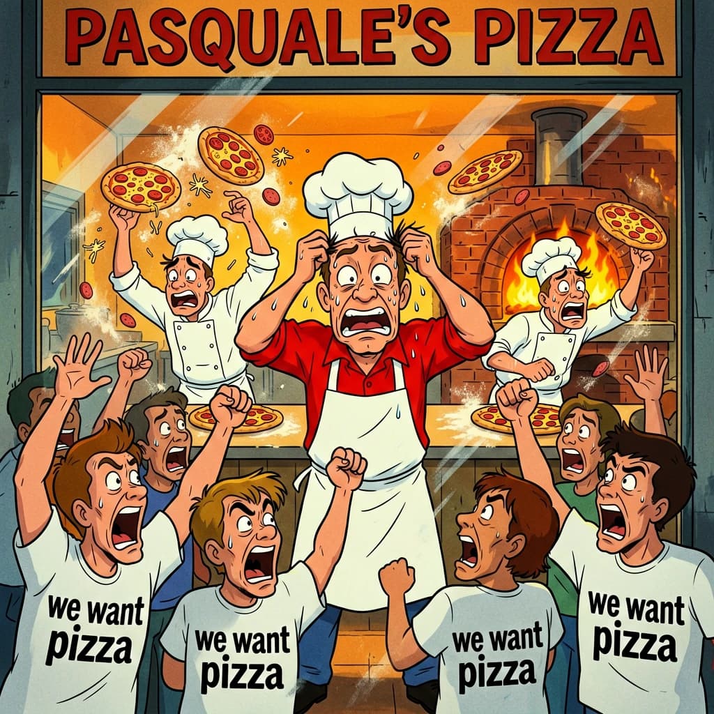 Pasquale is pulling his few remaining hairs out over a disaster at the pizzeria - the cooks are working as fast as they can but the crowds outside are swelling and they demand hot hot pizza! They are banging on the glass and some are wearing "we want pizza" shirts. 1980s western TV animation style.