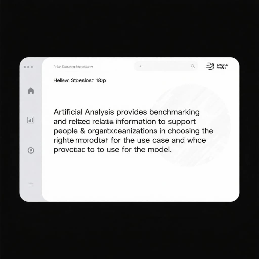 On a high-resolution dashboard mockup with a clean white background, display a centered text module in Helvetica Neue Regular, 18pt, black: “Artificial Analysis provides benchmarking and related information to support people & organizations in choosing the right model for their use-case and which provider to use for that model.” The text box is justified, but the final word wraps awkwardly onto its own line. To the left, a vertical navigation bar in light gray with three icons - home, chart, and settings - aligned evenly but casting misaligned shadows. In the upper right, the Artificial Analysis logo appears faintly, semi-transparent, watermarked over the corner of the interface.