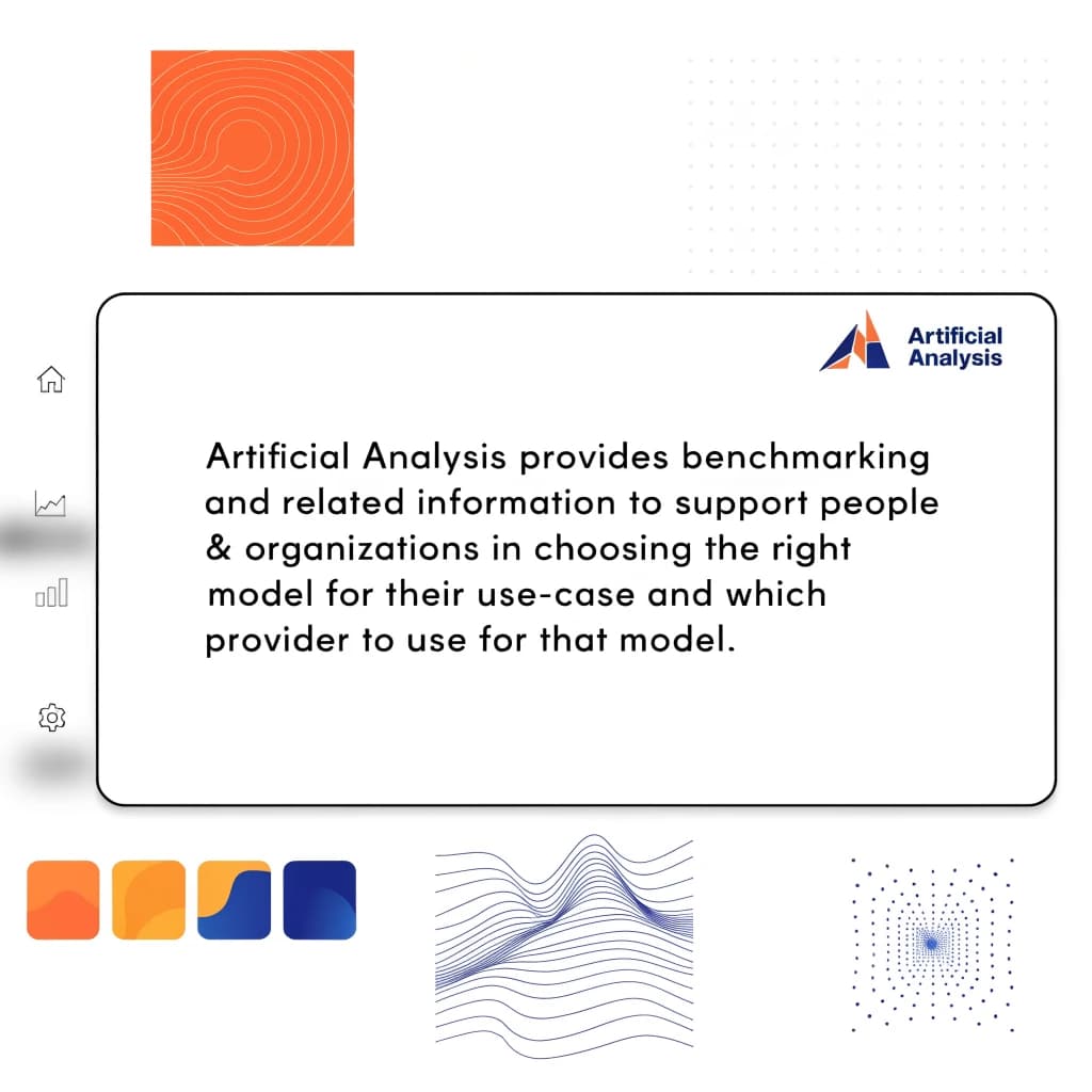 On a high-resolution dashboard mockup with a clean white background, display a centered text module in Helvetica Neue Regular, 18pt, black: “Artificial Analysis provides benchmarking and related information to support people & organizations in choosing the right model for their use-case and which provider to use for that model.” The text box is justified, but the final word wraps awkwardly onto its own line. To the left, a vertical navigation bar in light gray with three icons - home, chart, and settings - aligned evenly but casting misaligned shadows. In the upper right, the Artificial Analysis logo appears faintly, semi-transparent, watermarked over the corner of the interface.