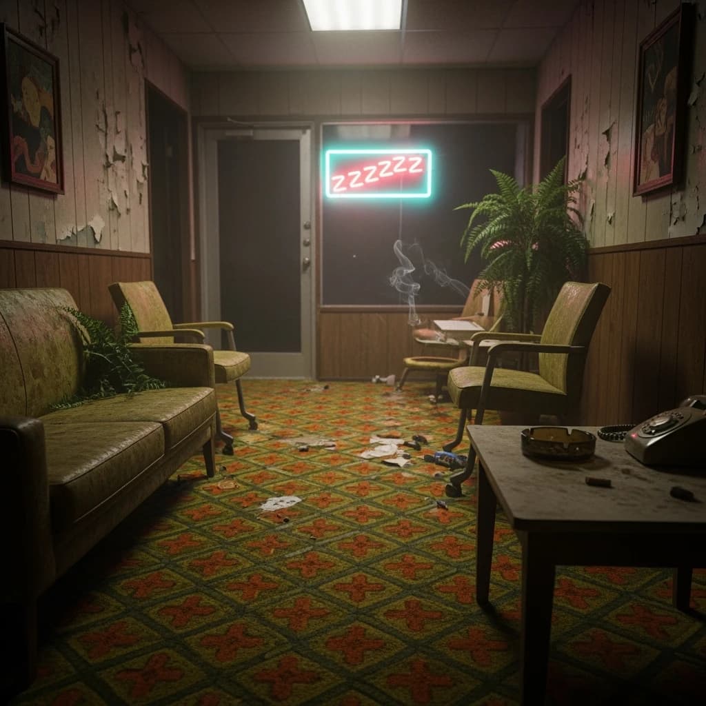 Show a faded 70s motel lobby with humming neon, sticky carpet, film grain.