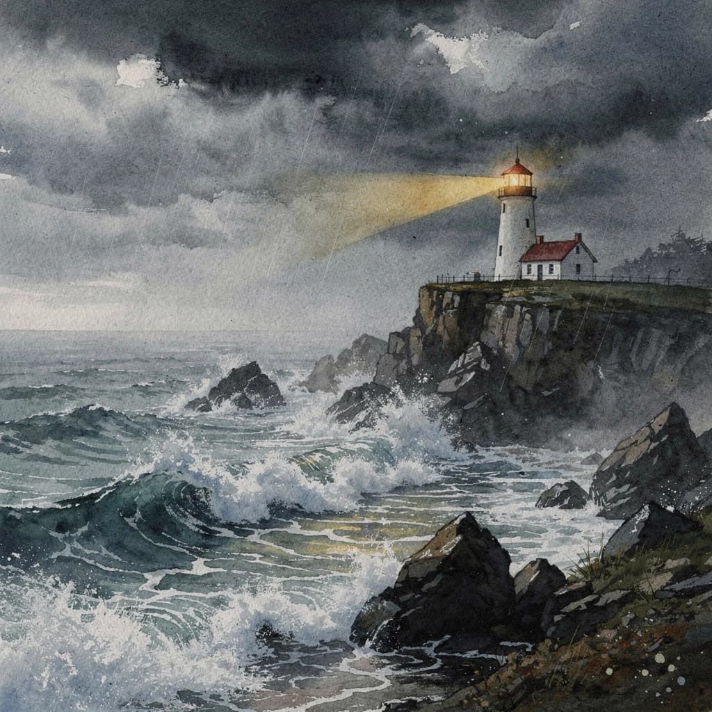 Please paint a watercolor of stormy cliffs and a lighthouse, moody sky.