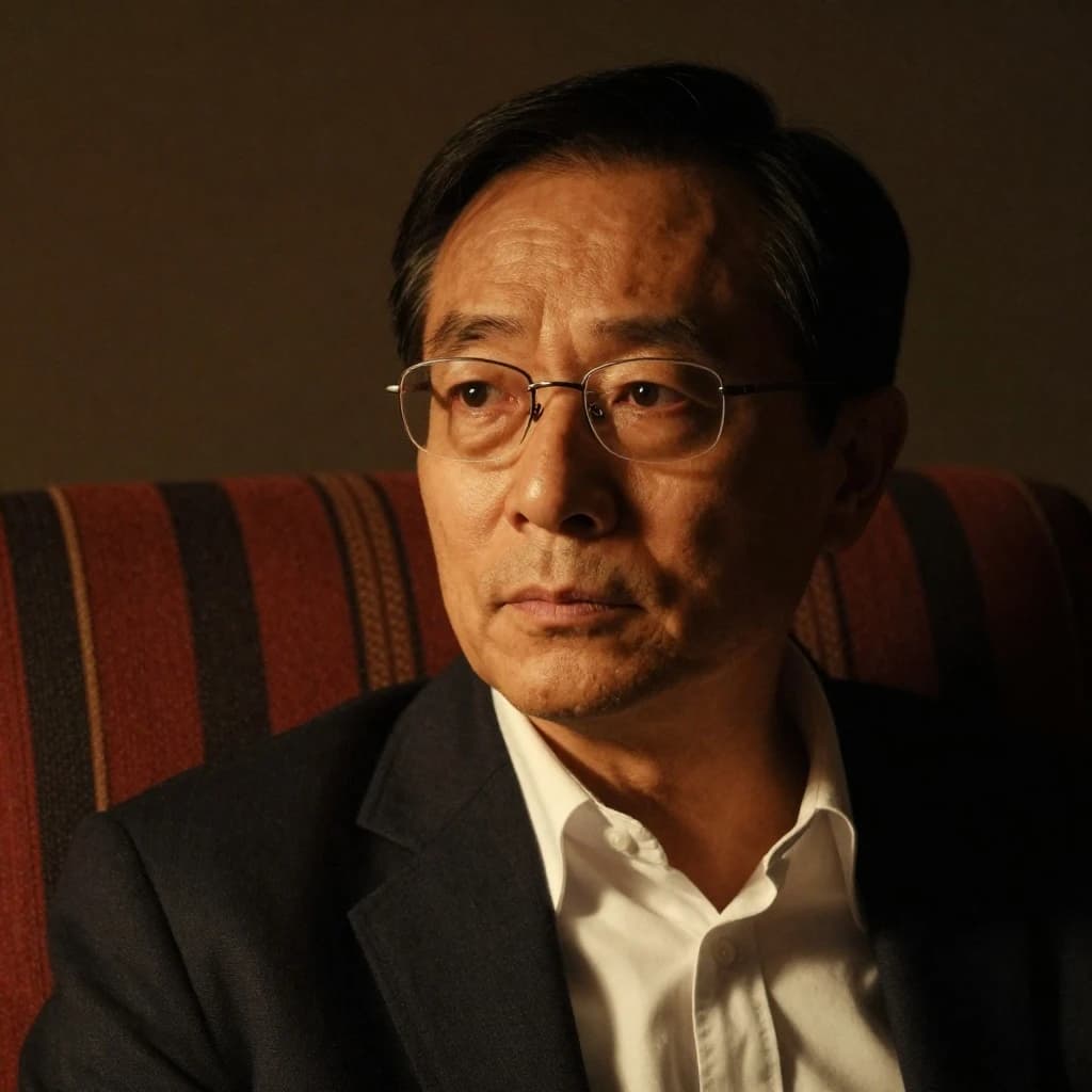 A sharply lit portrait of a middle-aged man wearing thin-rimmed glasses and a dark jacket over a white collared shirt. He gazes intently to the side, his face half illuminated by warm light while the background recedes into deep shadow. The expression is thoughtful, almost wary, as if caught mid-conversation. Behind him, a striped cushion in muted reds and blacks adds subtle texture, contrasting with the crisp highlights on his forehead and glasses. The overall mood is contemplative and cinematic, balancing warmth with tension.