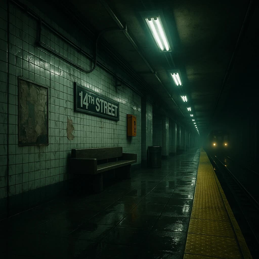 A subterranean subway platform with glossy tiles, peeling posters, flickering fluorescent lights, yellow safety line, and a distant train coming; slightly damp, echoes carry.