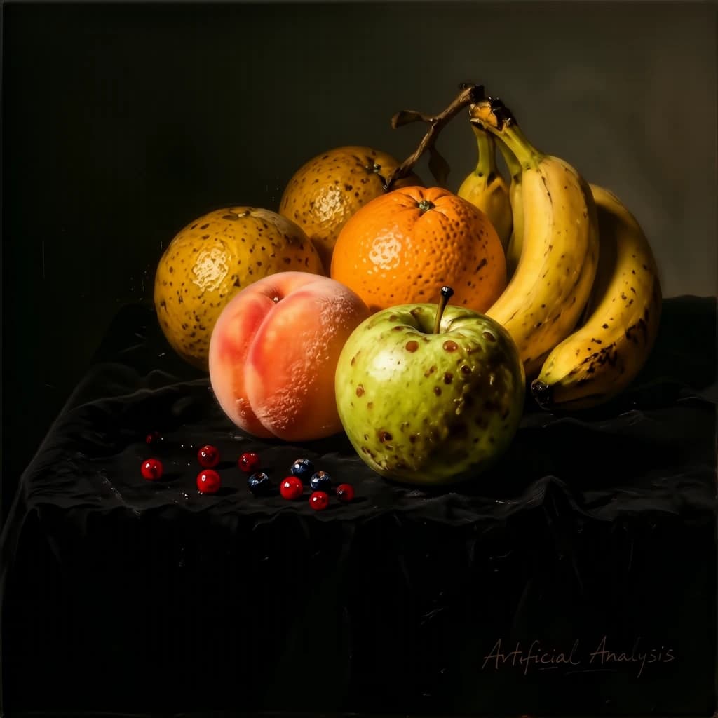 A still life scene painted oil on canvas, comprising various fruits on a black table cloth with striking lighting coming from the right out of frame, creating strong shadows. A bruised green apple is in the foreground, a peach behind it, and behind that a melange of oranges and bananas in various states of ripeness. Berries are strewn in front of the apple. The artist has signed his name "Artificial Analysis" in the bottom right corner in a hurried fashion.