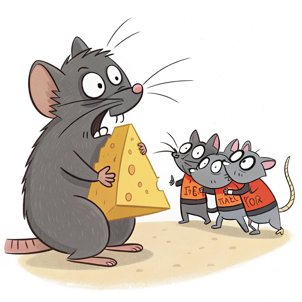 The cartoon rat clenches his thin wedge of cheese and trembles in fear as he hides from the menacing Jellicles, the roaming cat motorcycle gang, all wearing their colors with the name on the back. The cats have all drunk far too much milk and are causing a big ruckus! One cat is close to finding the rat