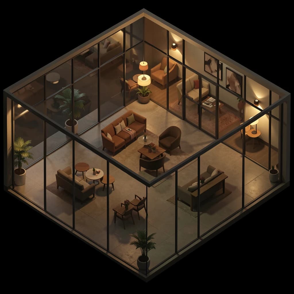 Isometric 3D lobby, glass walls, warm lights, slightly moody, soft shadows.