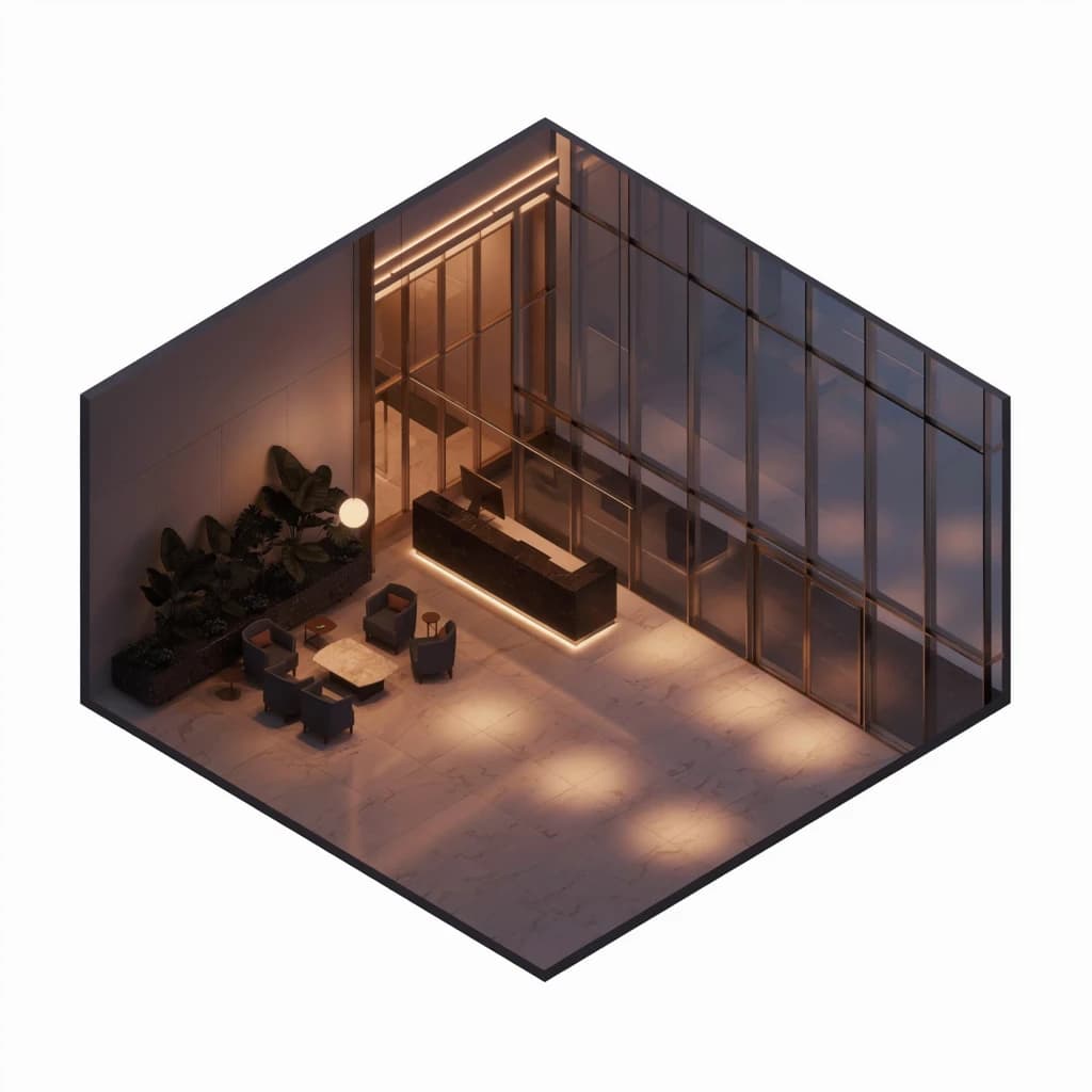 Isometric 3D lobby, glass walls, warm lights, slightly moody, soft shadows.