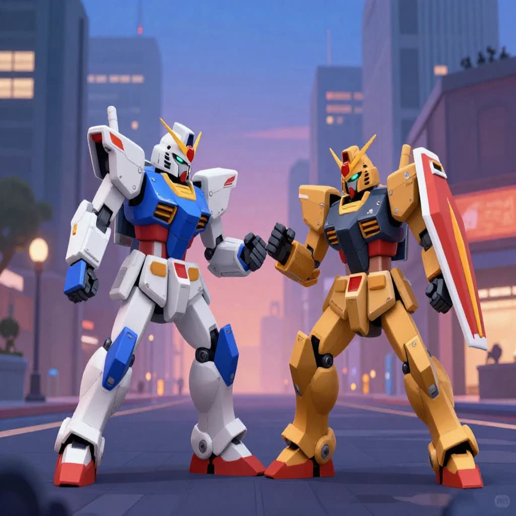 Make a cel-shaded mecha duel at dusk downtown.
