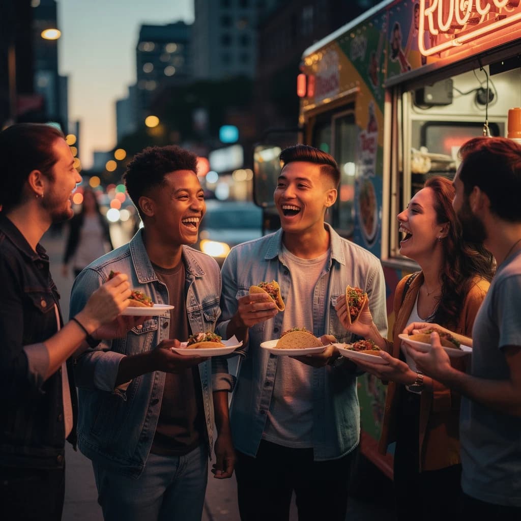 Friends laugh over street tacos at dusk, candid, shallow depth.