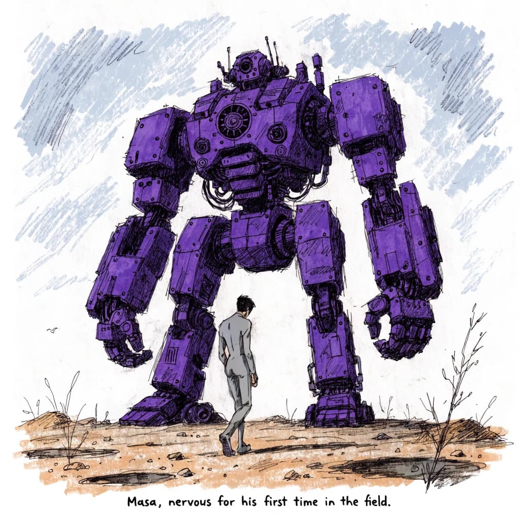 Clad in his body suit up to the neck, young Masa nervously approaches the towering mech with his back facing us. He is nervous for his first time in the field. The mech's bright purple colour scheme contrasts with the grey body suit. The scale of the mech dwarfs Masa. Hand drawn style