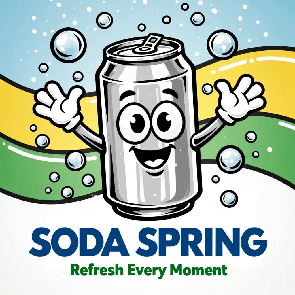Design a bright soda billboard ad with a bubbly can mascot, thick inky lines.