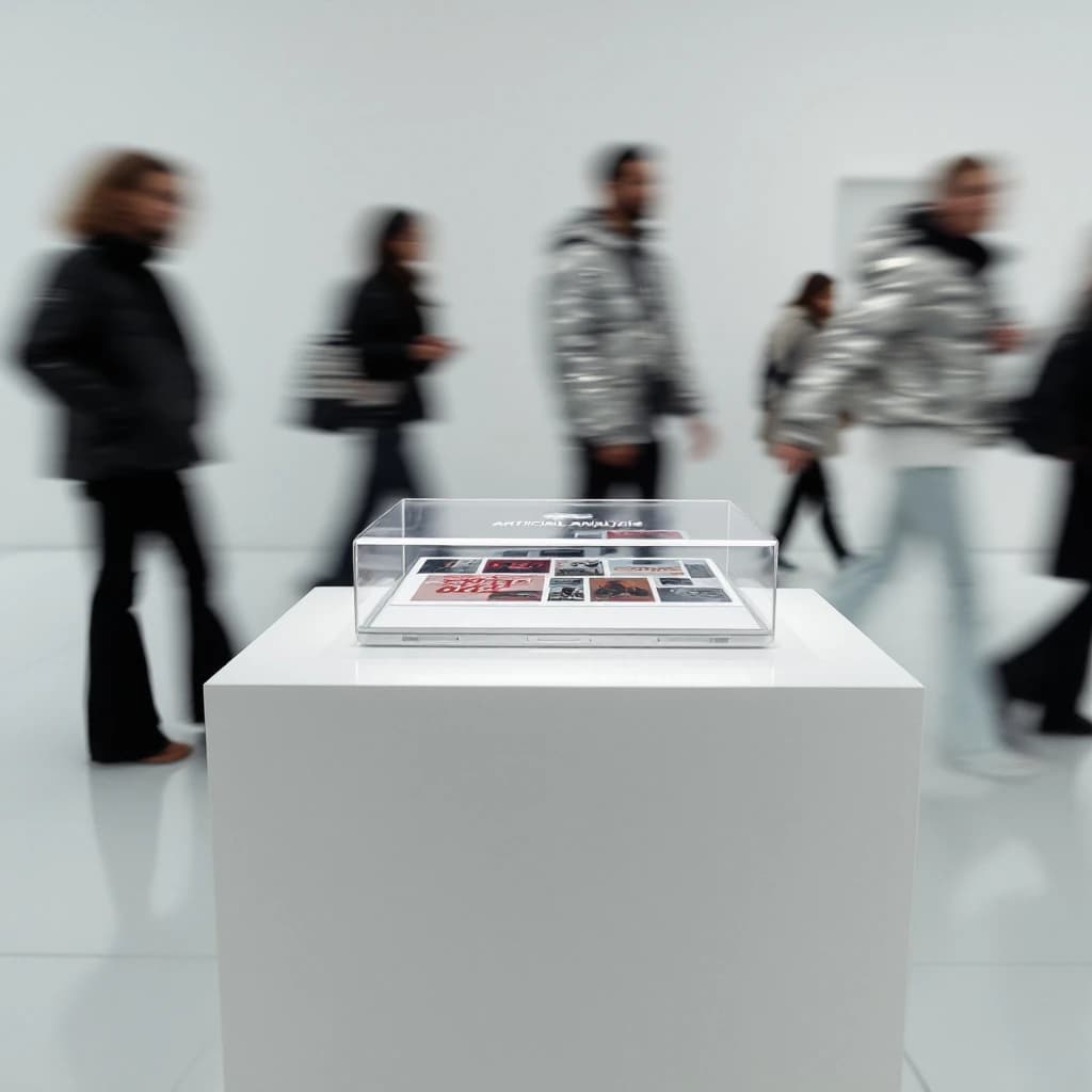 In a spotless gallery space, a pedestal supports a transparent laptop whose screen flickers between static and pristine brand imagery. Shoppers blur past in designer clothes that appear slightly outdated - bell bottoms, metallic jackets. The embossed logo “Artificial Analysis” glints silver, yet its reflection in the glass floor reads in crimson letters. A single spotlight shines, though shadows fall in two directions.