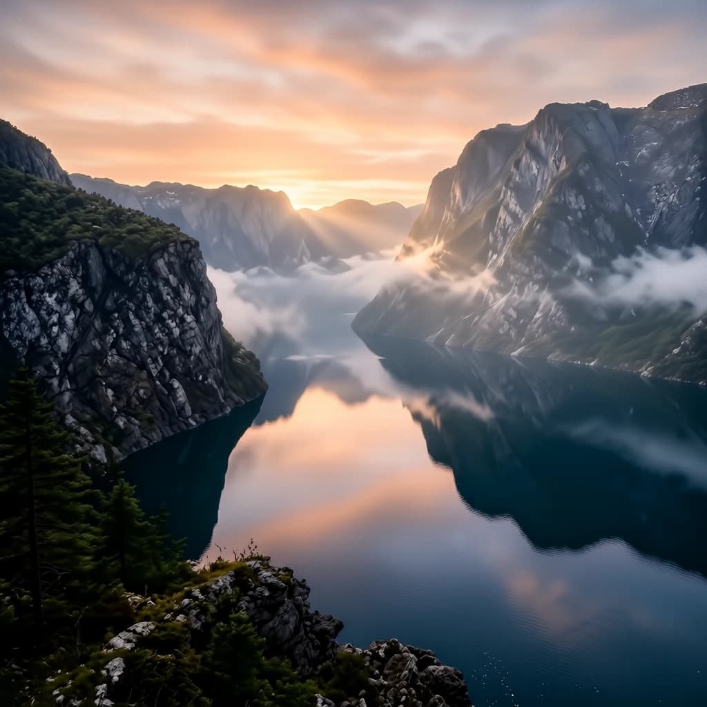 Frame a foggy fjord at sunrise, cliffs looming.