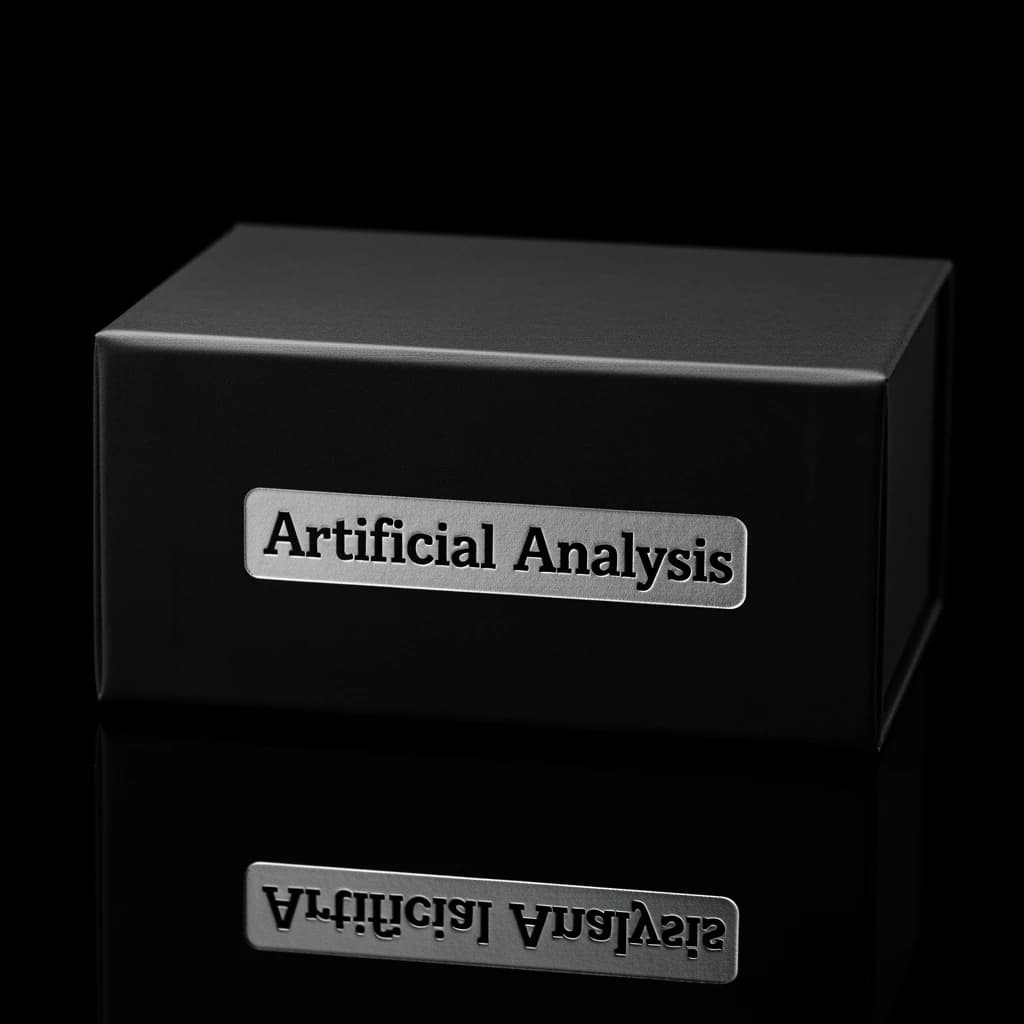 On the black box, silver foil embossing, centered: "Artificial Analysis" in Comic Sans Small Caps, perfectly justified. The letters are crisp, but the “Y” is duplicated faintly, ghosting right. On the box’s reflection, the word order is inverted: ARTIFICIAL ANALYSIS.