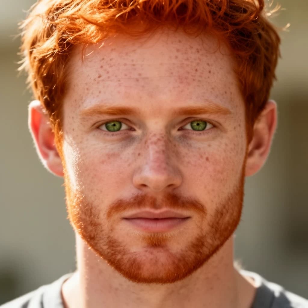 Shoot a natural light headshot of a red-haired man with freckles, green eyes.