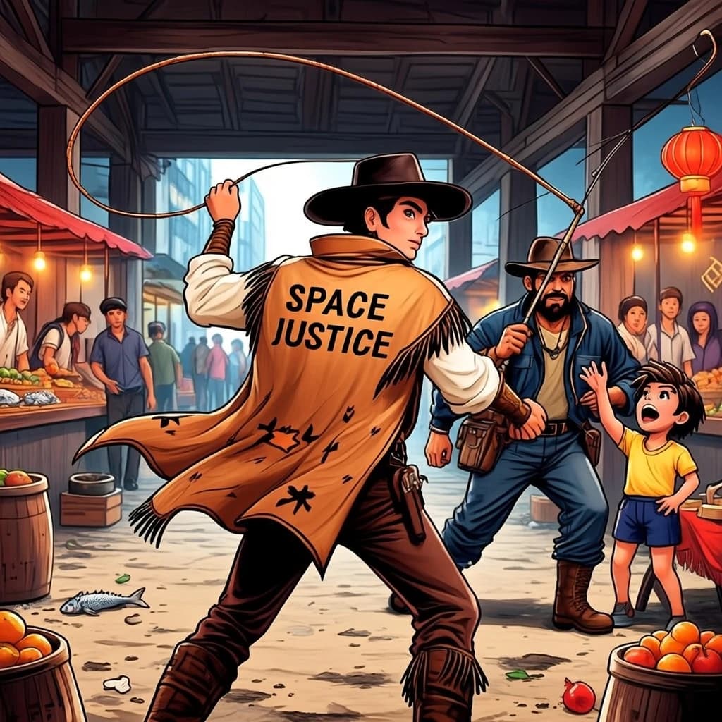 The space cowboy chases the deranged fisherman underneath the causeway, eager to collect on his bounty. Fishing rods and lines hang off the back off the fishermen as he darts between the bustling market crowd. We see the back of the space cowboy in his space poncho emblazoned with the words SPACE JUSTICE, spinning his lasso over his head. A child on the sidelines excitedly cheers the cowboy. 1990s hand drawn anime style with strong fluidity