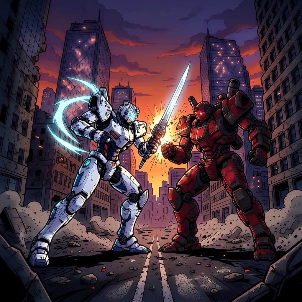 Make a cel-shaded mecha duel at dusk downtown.