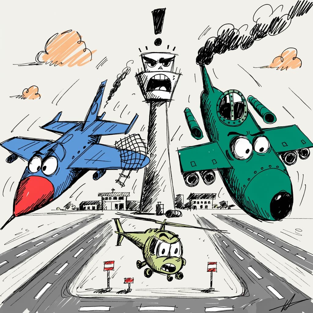 Almost at the runway, Fred the Fighter Jet is racing with Barry the Bomber to see who lands first. Fred has a mischievous trick up his sleeve but Hermione the Helicopter is going to stop him before he gets the chance. The control tower is very angry and has a big exclamation mark. Hand drawn cel look