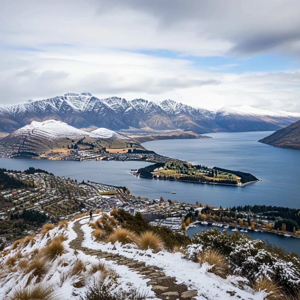 Queenstown's Lake Wakatipu, viewed from the top of Queenstown Hill after a snowstorm just dusted the top of Cecil's Peak