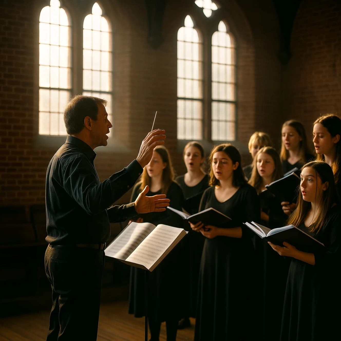 A choir rehearses in a brick hall as somewhat dramatic morning light falls through high windows, with a patient conductor mid-gesture, open scores, intent faces, slight motion blur.