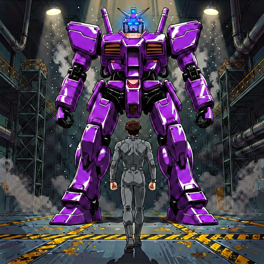Clad in his body suit up to the neck, young Masa nervously approaches the towering mech with his back facing us. He is nervous for his first time in the field. The mech's bright purple colour scheme contrasts with the grey body suit. The scale of the mech dwarfs Masa. Hand drawn style