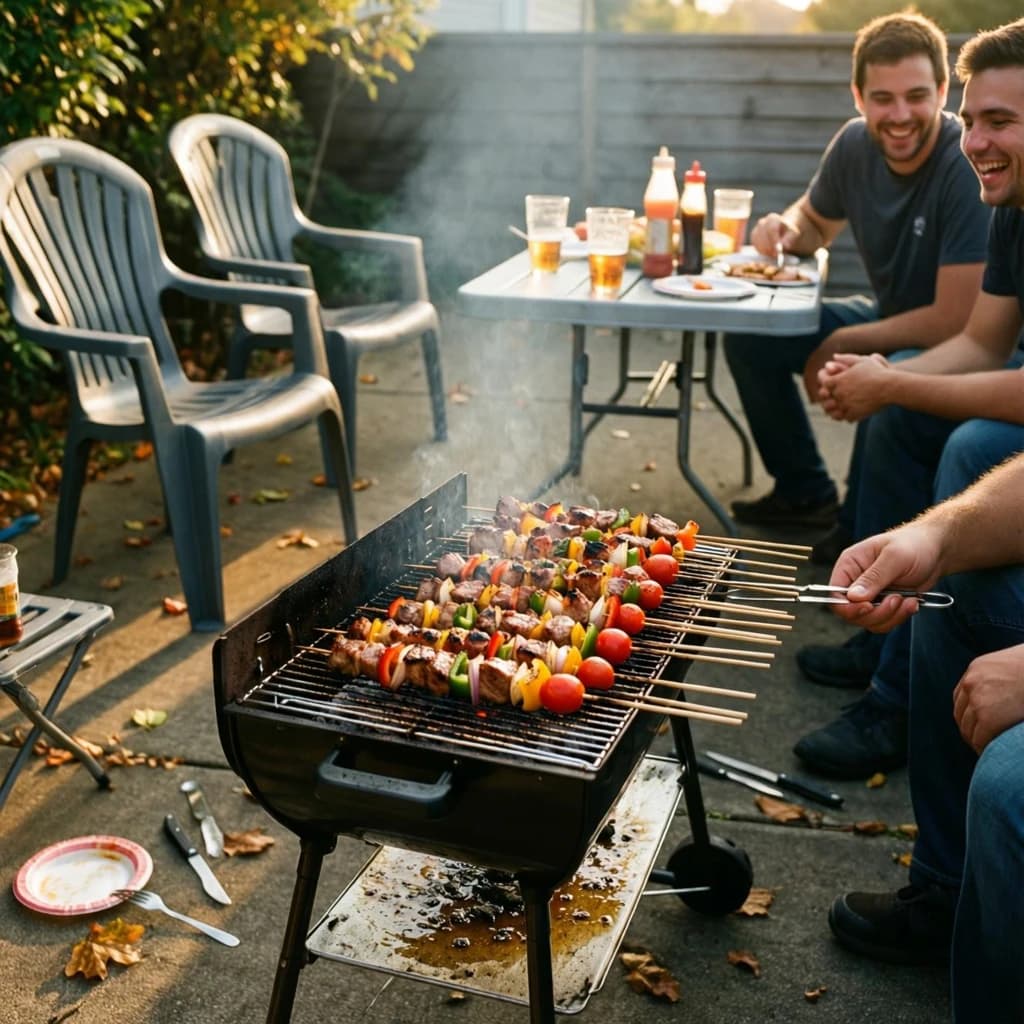Friends grill skewers on a slightly messy patio.