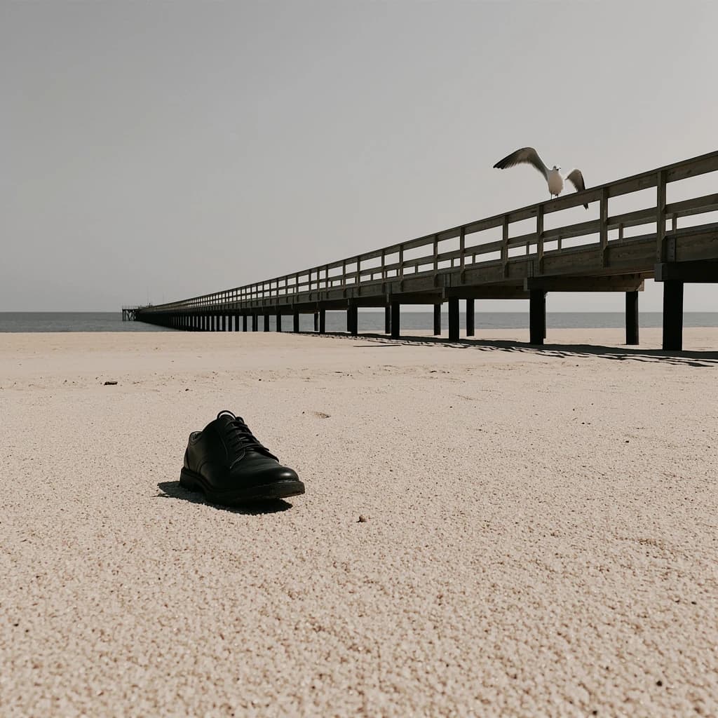 The beach is flat, sand beige, granular, no shells, except for a single left shoe, black leather, size eleven, half buried at an angle. The pier extends straight into the water, wood untreated, grain visible, though the support posts vanish before they touch the surface. The sky is uniformly gray, no clouds, yet shadows stretch at sharp diagonals. A single gull sits on the railing, wings outstretched, frozen mid-flap, no movement.
