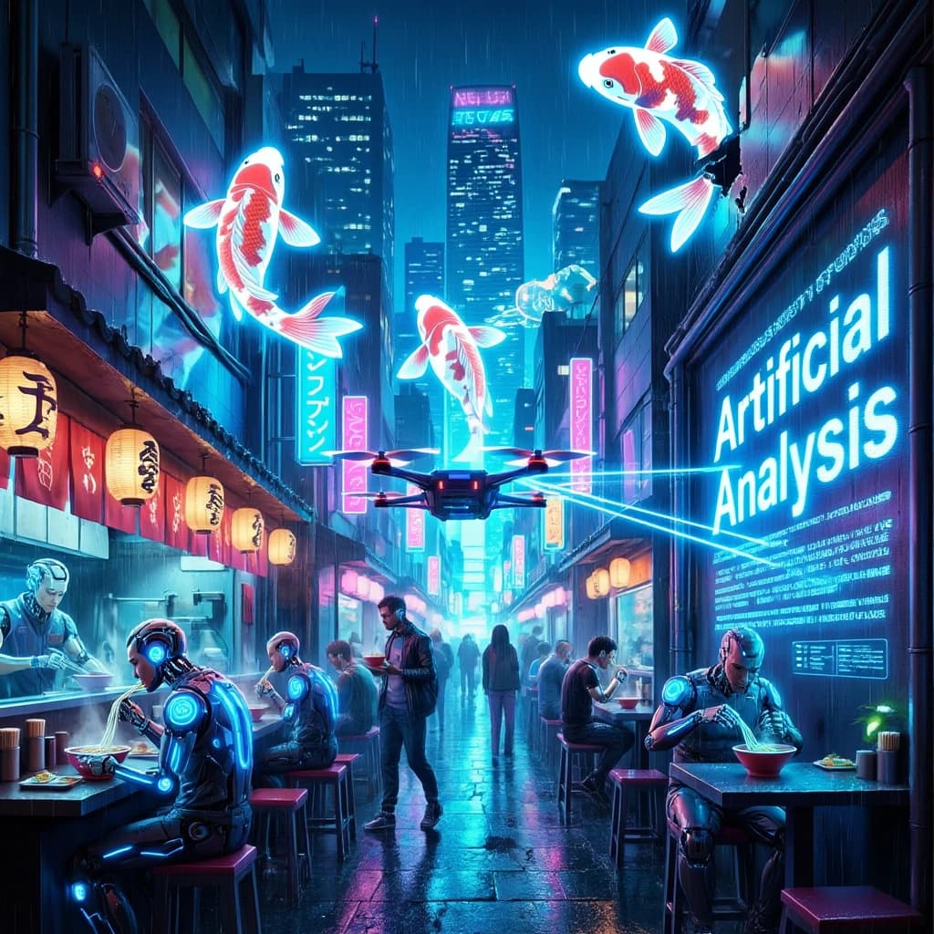 A neon alley in Neo-Tokyo 2142 drips with rain Cybernetic patrons slurp ramen at a stall with their glowing implants humming with blue light. Three giant holographic koi hover 10 metres above the ground and swim across the skyline, one has clipped into a building. A six-prop drone hovers nearby, projecting "Artificial Analysis" onto a wall with blue laser beams visible