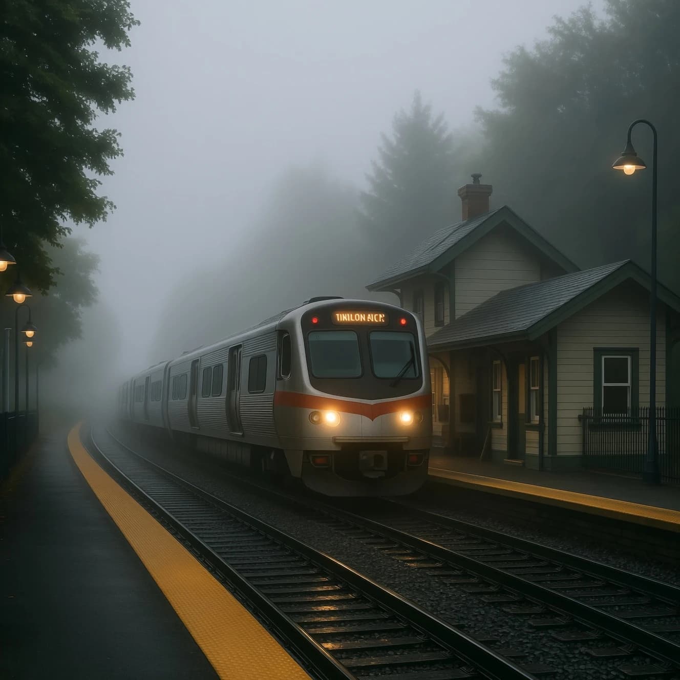A commuter train enters a foggy little station.