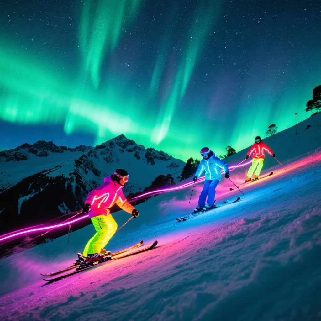 Coronet Peak Night Skiing: Skiers in colorful LED suits carve their way down the slopes of New Zealand's Coronet Peak under the Aurora Borealis, the skiers' light trails visible behind them