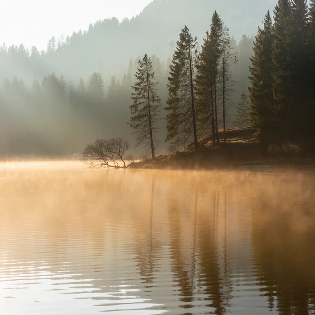 I want a photo of a misty alpine lake at dawn, pines, glassy water, warm light.