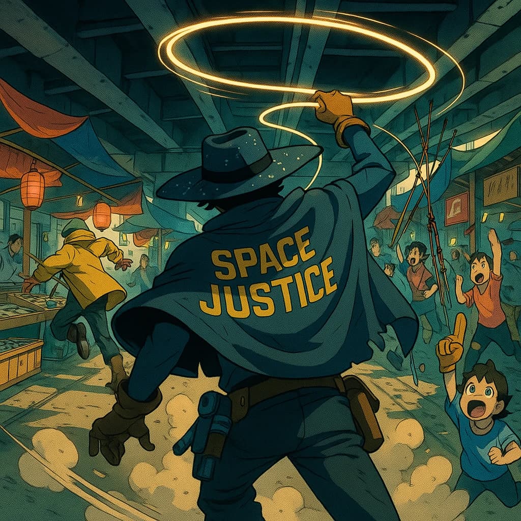 The space cowboy chases the deranged fisherman underneath the causeway, eager to collect on his bounty. Fishing rods and lines hang off the back off the fishermen as he darts between the bustling market crowd. We see the back of the space cowboy in his space poncho emblazoned with the words SPACE JUSTICE, spinning his lasso over his head. A child on the sidelines excitedly cheers the cowboy. 1990s hand drawn anime style with strong fluidity