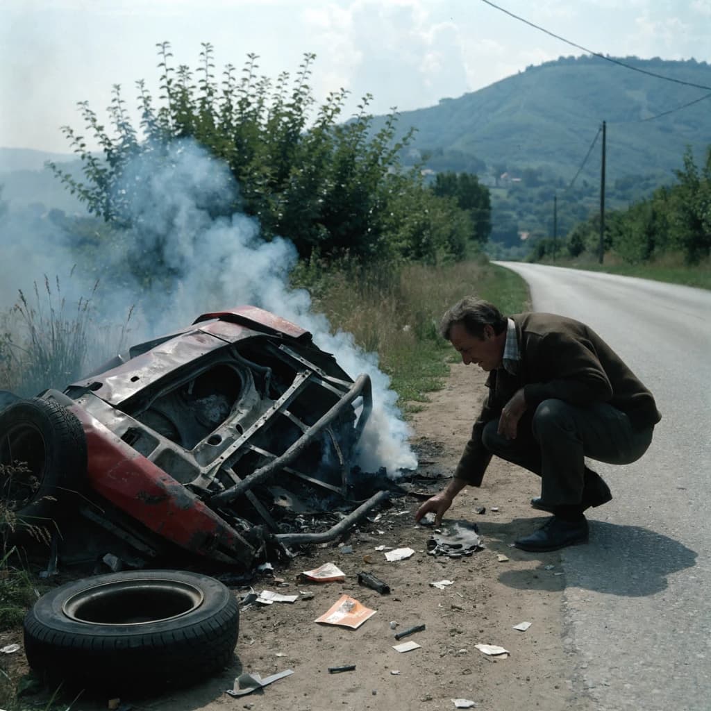 Mario examines the still smouldering wreck of the crash that took his best driver on the side of the country road. He designed this car and caused this. 3 days have passed since the crash. It's 1973 in Northern Italy.