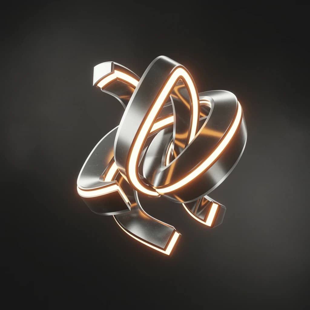 Render chrome 3D letters twisting in midair, soft glow, a bit of grain.