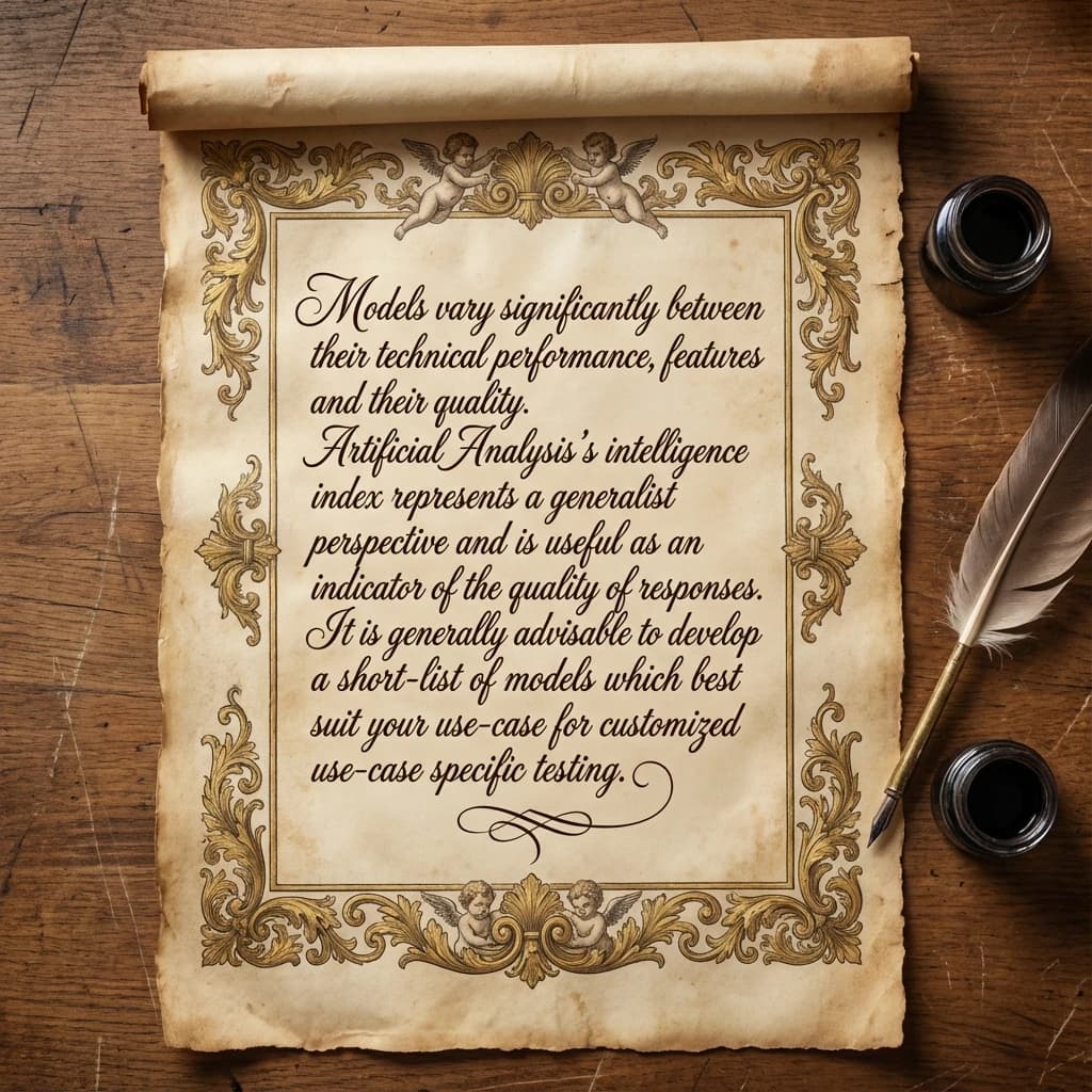 On a flat layout, write in an ornate baroque style "Models vary significantly between their technical performance, features and their quality. Artificial Analysis's intelligence index represents a generalist perspective and is useful as an indicator of the quality of responses. It is generally advisable to develop a short-list of models which best suit your use-case for customized use-case specific testing. "