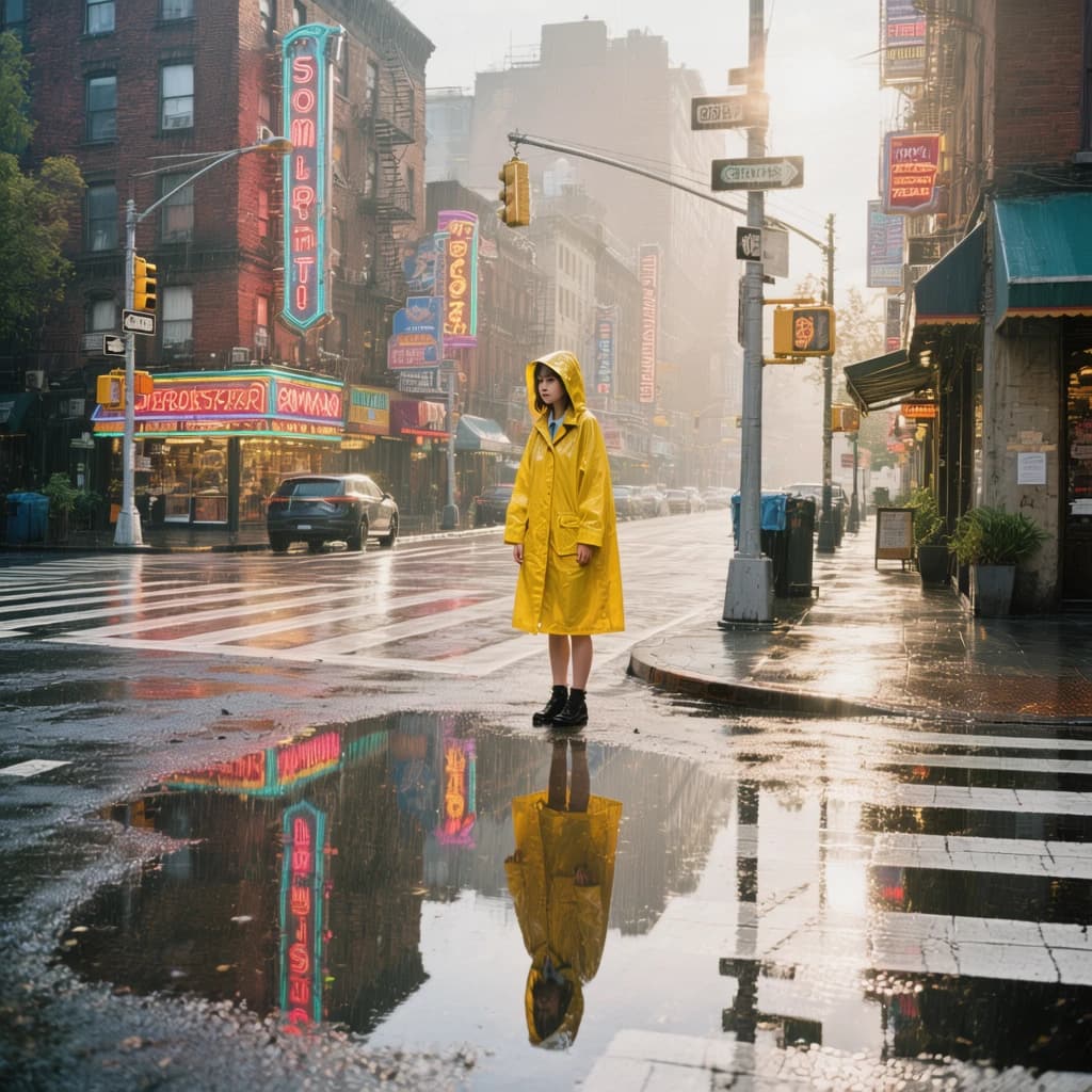 A sunlit city street after rain; puddles mirror neon signs as a woman in a yellow raincoat waits at a crosswalk, soft mist, 50mm look, natural tones, a bit of film grain.