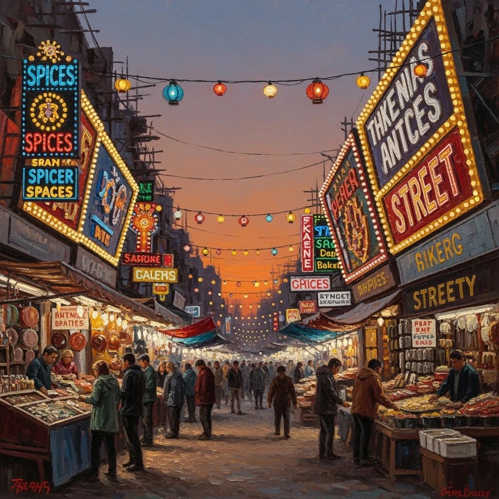 I want an oil painting of a busy market street with gaudy shop signs at dusk.