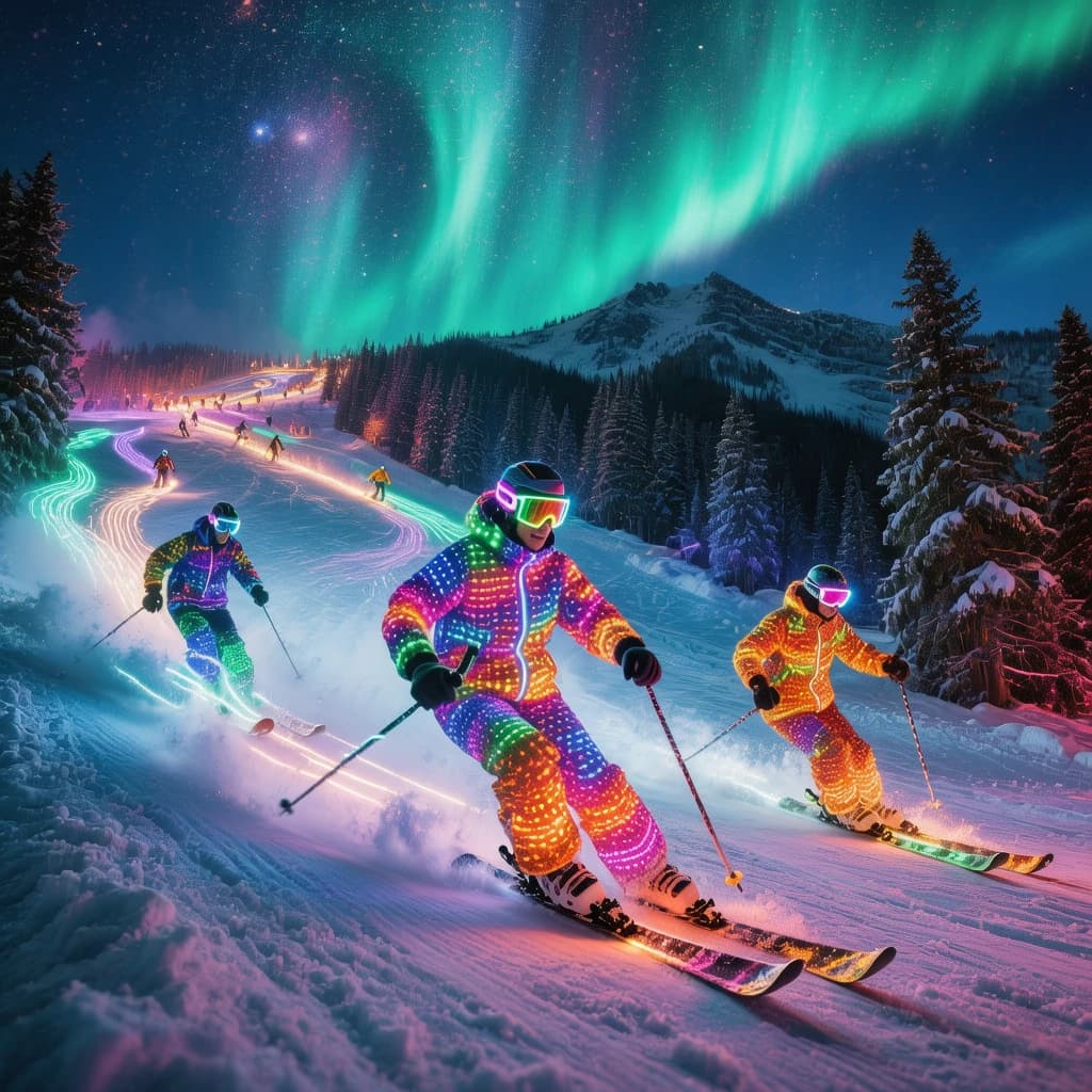 Coronet Peak Night Skiing: Skiers in colorful LED suits carve their way down the slopes of New Zealand's Coronet Peak under the Aurora Borealis, the skiers' light trails visible behind them