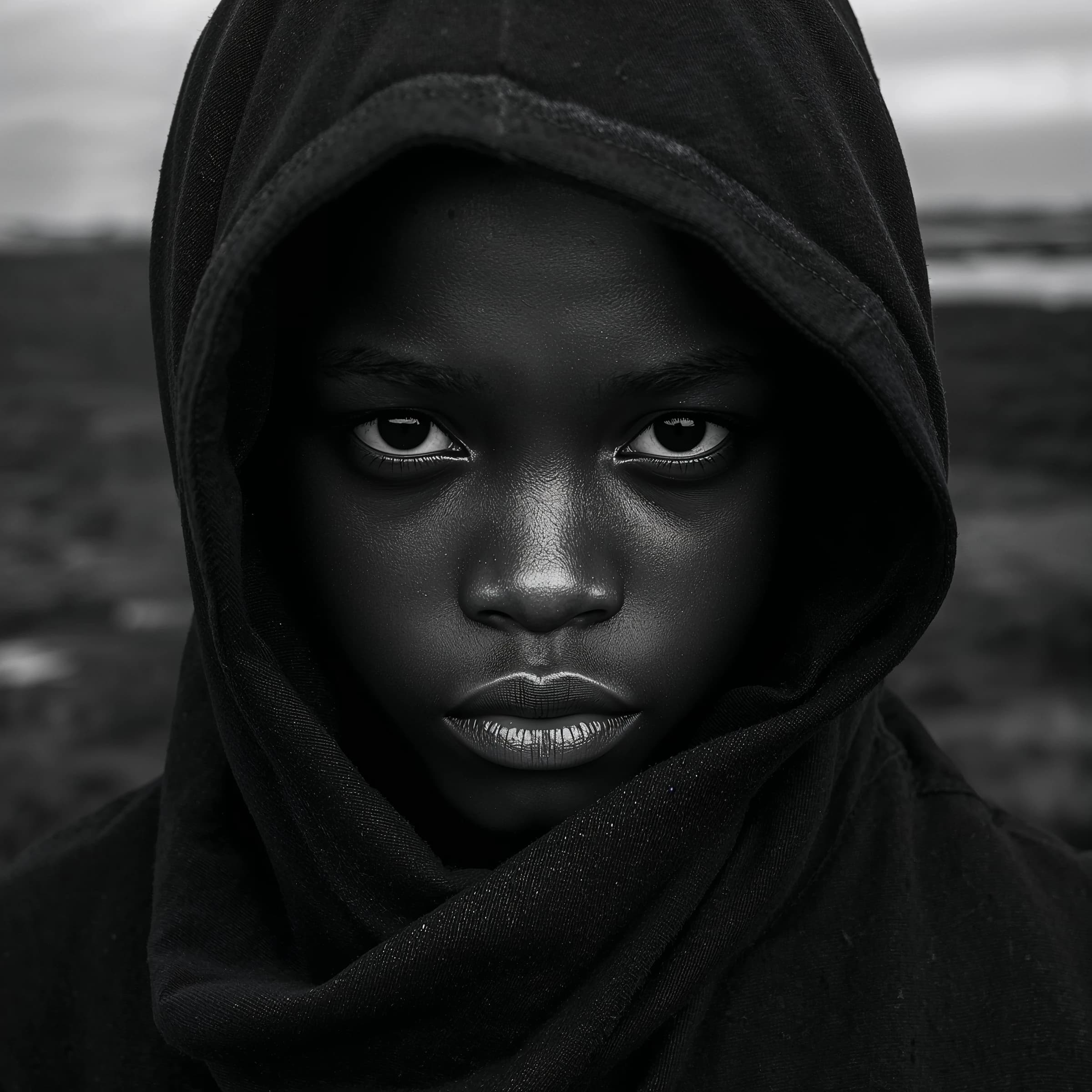 A dramatic black-and-white portrait of a young person draped in a hooded garment, their face framed by the hood's dark folds. Their skin tone and the subtle sheen on their cheeks create striking tonal contrast against the deep shadows. Their eyes are piercing, looking directly into the lens with a calm, steady intensity—neither confrontational nor submissive, but deeply present. The texture of the fabric is visible: it's dense, slightly weathered, and whisper-thin creases catch the light. In the background, an expansive, out-of-focus landscape suggests open space—perhaps distant plains or water—though the details remain soft and abstract. The overall mood is silent yet powerful, poised between vulnerability and resilience, with every highlight and shadow telling part of their story.