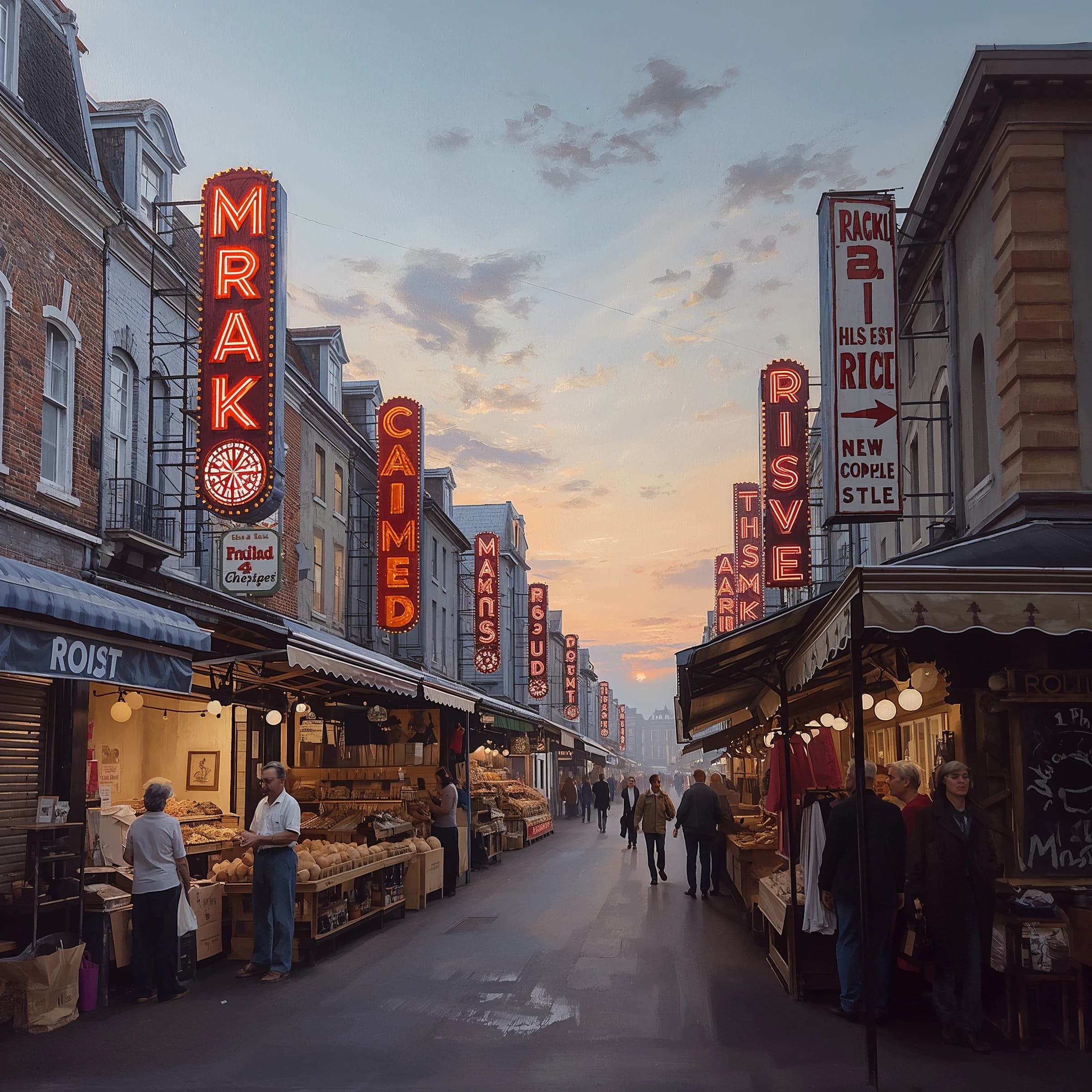I want an oil painting of a busy market street with gaudy shop signs at dusk.