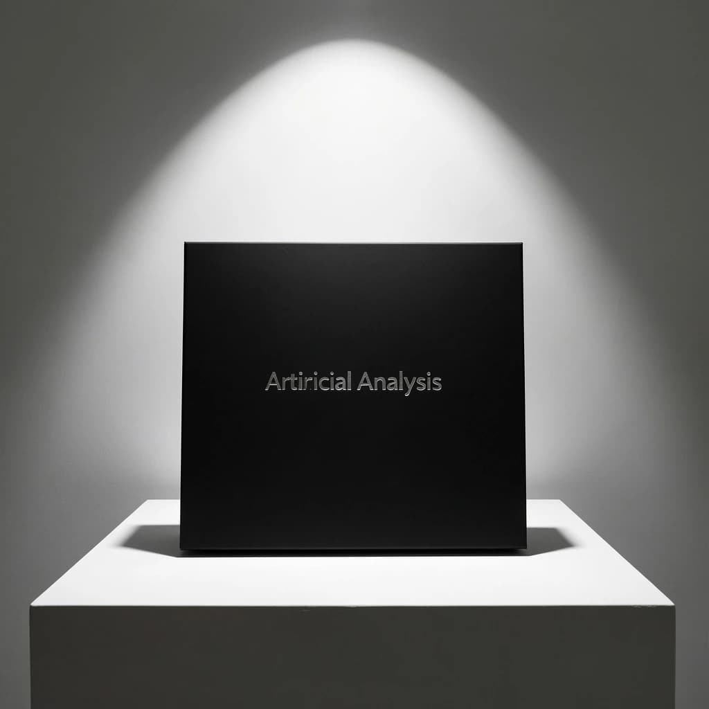 A premium matte black laptop-sized box rests on a pure white pedestal within a gallery space. Overhead, a single spotlight carves sharp contrast, leaving the edges in deep shadow. The brand name Artificial Analysis is embossed in silver foil, glinting faintly as though it were jewelry.
