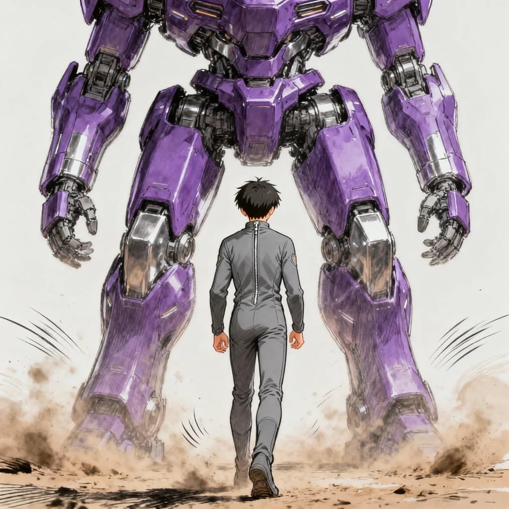 Clad in his body suit up to the neck, young Masa nervously approaches the towering mech with his back facing us. He is nervous for his first time in the field. The mech's bright purple colour scheme contrasts with the grey body suit. The scale of the mech dwarfs Masa. Hand drawn style