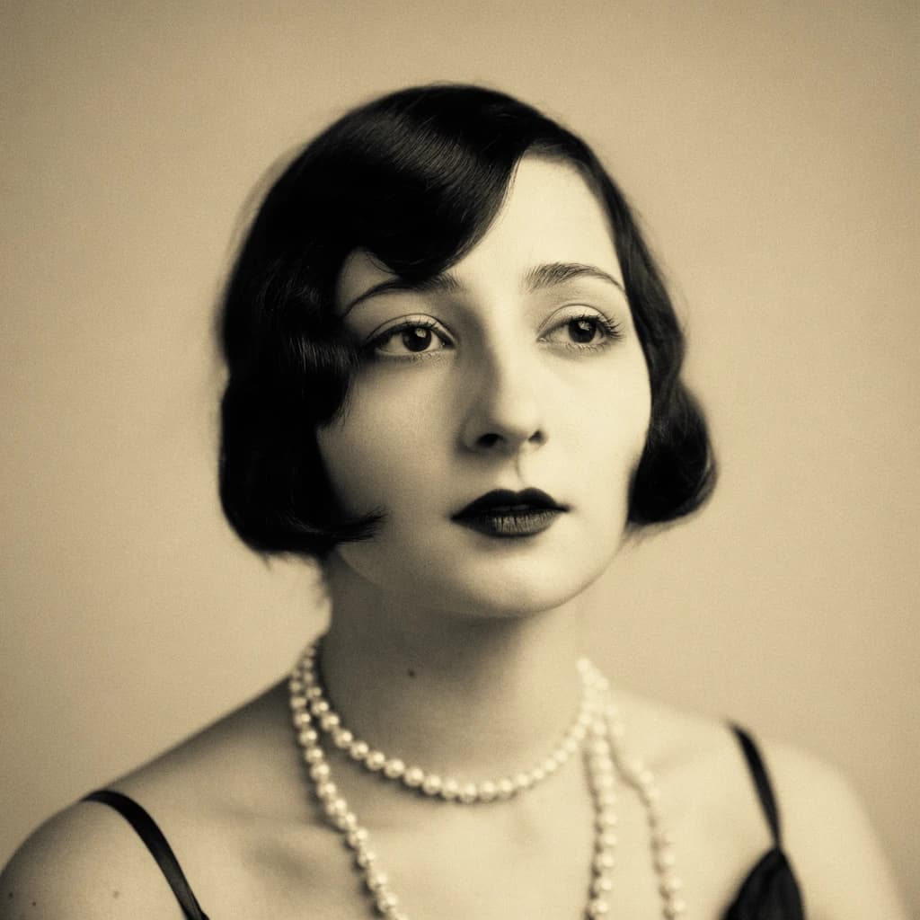 Sepia-toned studio portrait of a flapper with pearl necklace, soft grain.